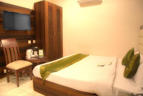 a bedroom with a bed and a chair and a television at Hotel Dreamland Chandigarh in Chandīgarh