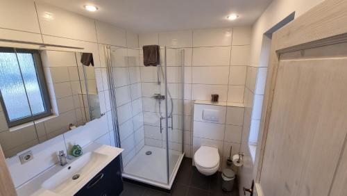 a bathroom with a shower and a toilet and a sink at FeWo an der Ostsee Nr. 4 in Rerik