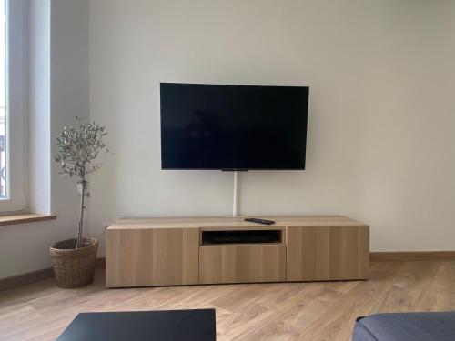TV de pantalla plana en la pared de la sala de estar. en Superbe appartement Moderne Hyper centre de Vittel en Vittel