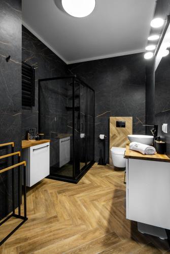 a bathroom with a shower and a sink and a toilet at Słone Residence Apartamenty & Beer SPA in Kudowa-Zdrój