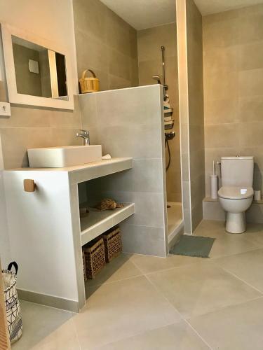 une salle de bain avec un lavabo et des toilettes dans l'établissement La plage, calme et jardin, à Sanary-sur-Mer