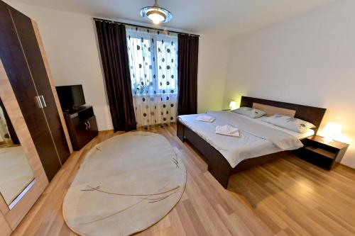 1 dormitorio con cama y alfombra grande en Terezianum Apartments, Free Parking, en Sibiu
