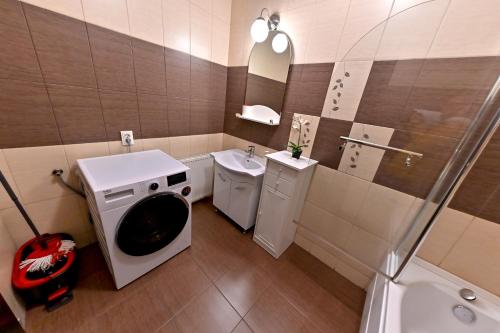 Un baño con lavadora y lavabo. en Terezianum Apartments, Free Parking, en Sibiu
