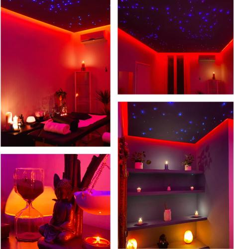 a collage of four pictures of a room with red lights at Relais Stibbert Florence in Florence