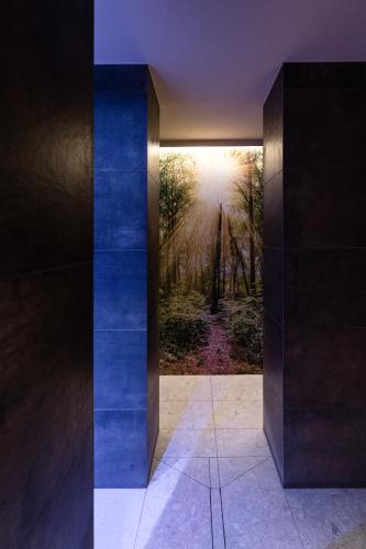 a hallway with a view of a forest through a doorway at Hotel Mühlenerhof in Campo Tures