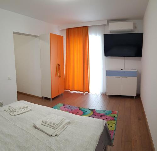 a room with a bed and a flat screen tv at Apartament 3 Budiu in Târgu-Mureş