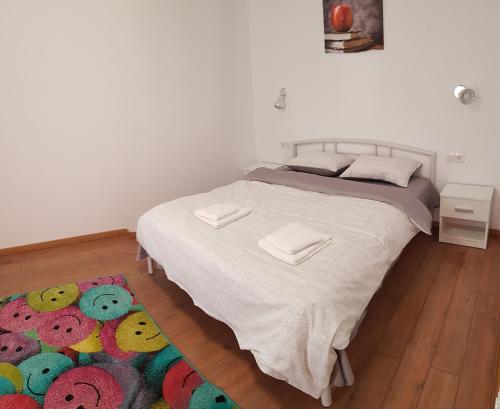 ein Schlafzimmer mit einem großen Bett mit einem Teppich in der Unterkunft Apartament 5 Budiu in Târgu Mureș