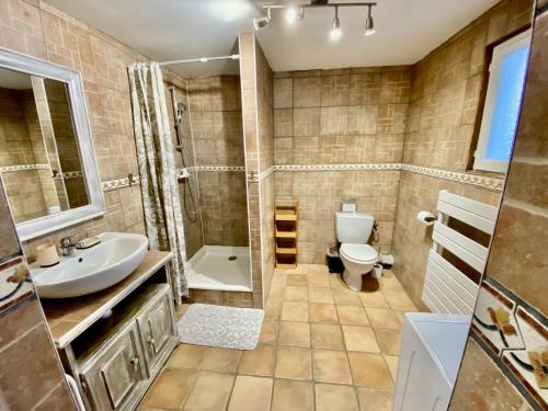 a bathroom with a sink and a toilet and a shower at Aux Lauriers d'Adhémar in La Garde-Adhémar