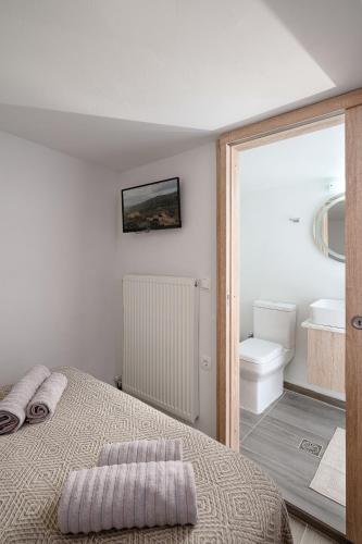 a bedroom with a bed and a bathroom with a toilet at Niki Mountain House in Kamariótis