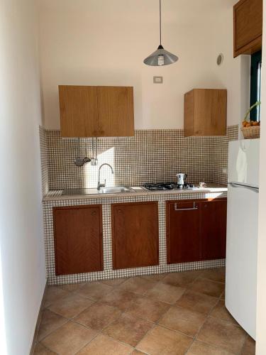 a kitchen with brown cabinets and a white refrigerator at Tenuta Punta della Suina in Gallipoli