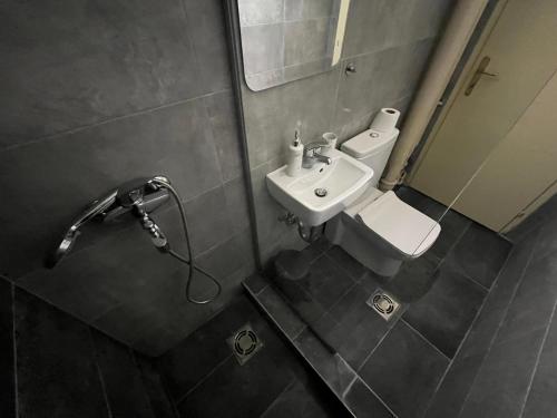 La salle de bains est pourvue d'un lavabo et de toilettes. dans l'établissement Mickitos City Center Apartment, à Skopje