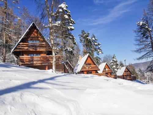 una cabaña de madera en la nieve en Ośrodek Wczasów Zdrowotnych Rudawka Rymanowska, en Rudawka Rymanowska