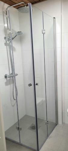 a shower with a glass door in a bathroom at Valjastehdas in Oulu