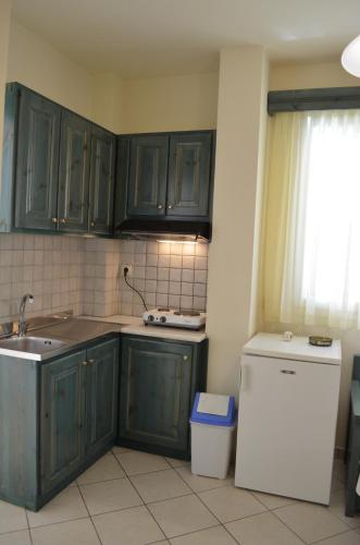 a kitchen with green cabinets and a sink and a refrigerator at Odysseia Apartments in Nikiana