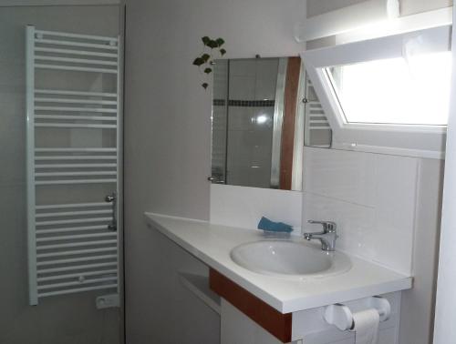 une salle de bain avec un lavabo et un miroir dans l'établissement Au calme, aux portes de Montpellier, à Grabels