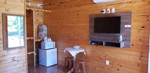 a living room with a wooden wall with a flat screen tv at Amanhecer na Serra in Urubici