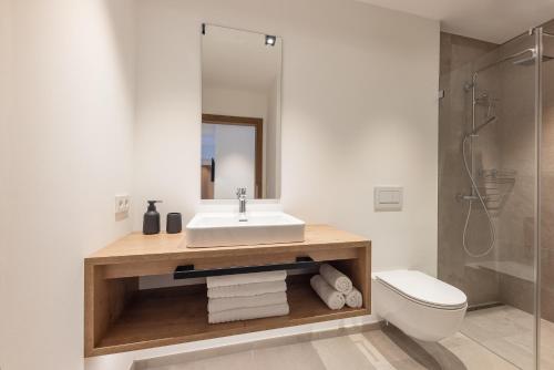 a bathroom with a sink and a toilet and a shower at Max Mountain Apartments in Neustift im Stubaital