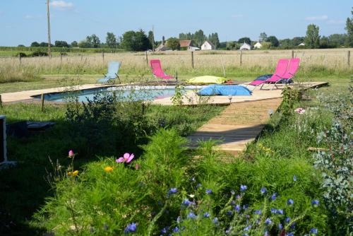 - un groupe de chaises assises autour d'une piscine dans un champ dans l'établissement Gîte familial La Tabarderie, à Courcelles-de-Touraine