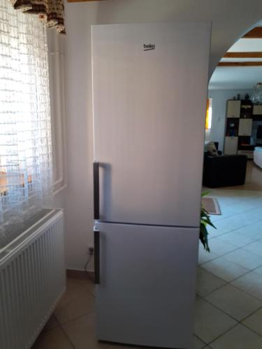 a white refrigerator in a room with a window at Szahara Vendégház in Kerekegyháza