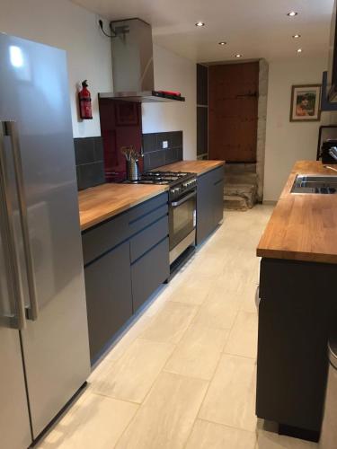 a kitchen with blue cabinets and stainless steel appliances at Combrailleurs Gite in Espinasse