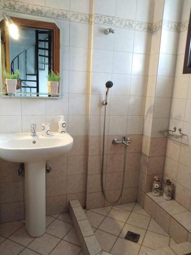 a bathroom with a sink and a shower at Rebekka's Guest House Elani in Siviri