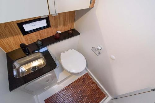 a small bathroom with a toilet and a sink at Thea - MAGIC POINT in Mangalia