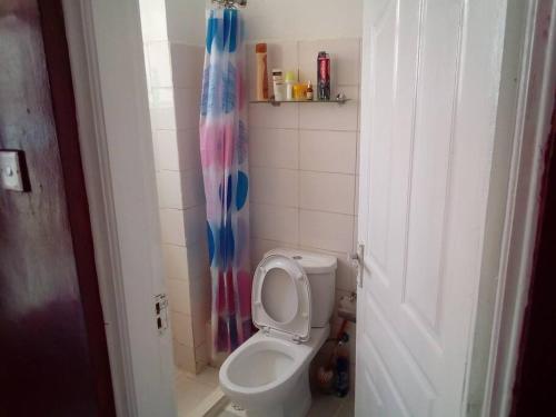 a bathroom with a toilet and a shower curtain at Stylish Studio on Ngong Road in Nairobi