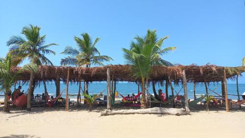 a beach with palm trees and people laying in hammocks at Mar Amar Casa de Playa in Coveñas