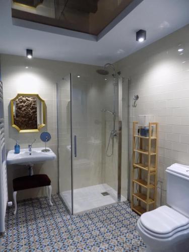 a bathroom with a shower and a sink and a toilet at Apartamentos Suite Puerta del Jerte in Plasencia