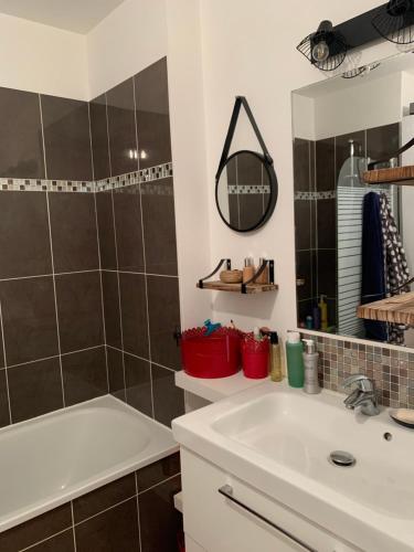 uma casa de banho com um lavatório, uma banheira e um espelho. em Super logement cosy, à deux pas du tram em Nantes