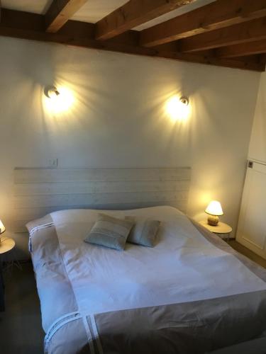 1 dormitorio con 1 cama blanca y 2 lámparas en Charmant appartement avec vue lac, en Talloires