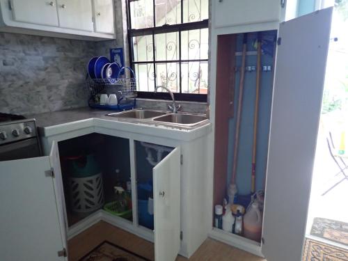 a kitchen with a sink and a window in it at Urban Oasis Apartment in Castries
