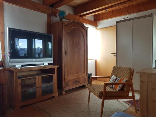 uma sala de estar com uma televisão e um armário de madeira em Zentrale Ferienwohnung auf dem schönen Hunsrück em Halsenbach