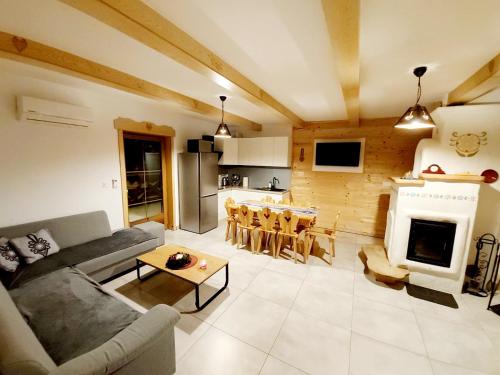 a living room with a couch and a fireplace at Domki w Beskidach in Zarzecze