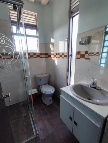 a bathroom with a toilet and a sink and a shower at Nirvana Casa de Huéspedes in Melgar