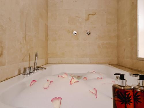 a bath tub with pink petals laying on it at Relais Terre di Romanello in Noto
