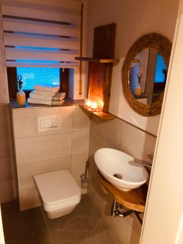 a bathroom with a sink and a toilet and a mirror at Idyllische Ferienwohnungen in Mossendorf in Burglengenfeld