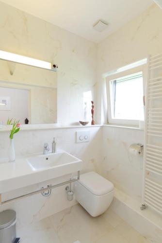 a white bathroom with a sink and a toilet at ApartHotel Vila Minka in Ljubljana