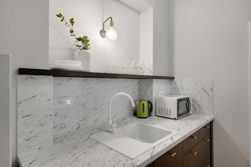 a kitchen counter with a sink and a microwave at Palace Apartments in Bratislava