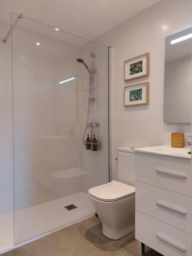 a white bathroom with a shower and a toilet at Hondarribia con piscina, parking y terraza in Hondarribia
