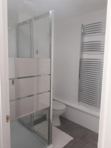a glass shower in a bathroom with a toilet at Seaview Cottage 24 Freeman Street in Wells next the Sea
