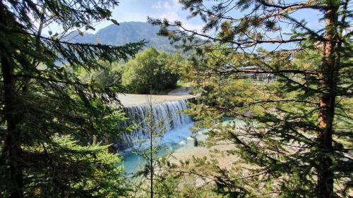 a waterfall through the trees in a forest at Apartments Seventy Seven in Kranjska Gora