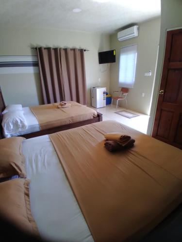 um quarto de hotel com duas camas e uma janela em Douglas Airport Guesthouse em Zanderij