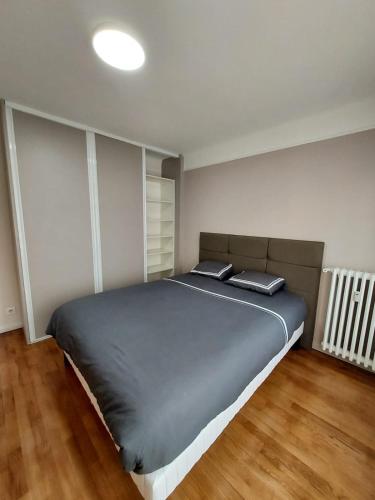 une chambre avec un grand lit dans une pièce dans l'établissement Bel appartement 2 pièces, sortie de métro ligne 8, à Charenton-le-Pont