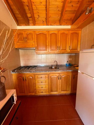 a kitchen with wooden cabinets and a white refrigerator at Rural Gomera in Arure