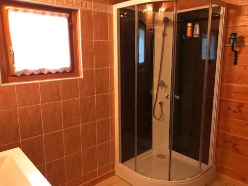 a glass shower in a bathroom with a window at Le chalet in Saint-Quentin-Lamotte-Croix-au-Bailly