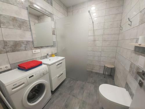 a bathroom with a washing machine and a toilet at K-Town - Apartments ViaBaltic Kaunas in Kaunas