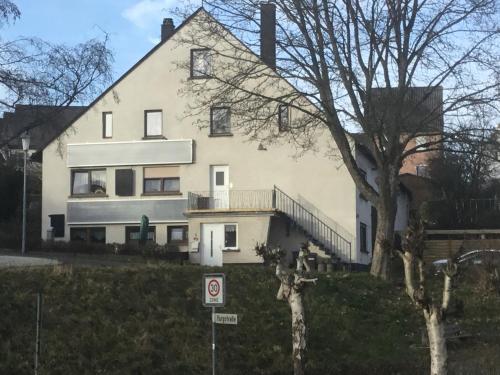 ein großes weißes Haus mit einem Baum davor in der Unterkunft Ferienhaus Störzel Wohnung A in Morbach
