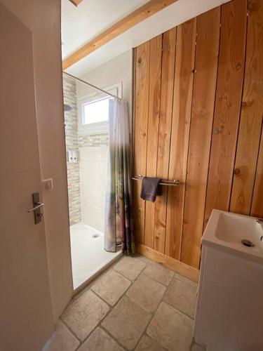 a bathroom with a shower and a tub and a sink at Koh Samui Siam Manahakhon Appart & Spa in Rieux-de-Pelleport