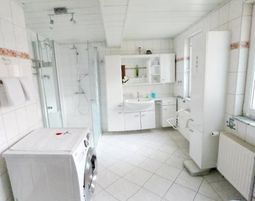 y baño blanco con lavabo y lavadora. en Ferienhaus Strauss nahe der Kyffhäuser Therme, en Bad Frankenhausen